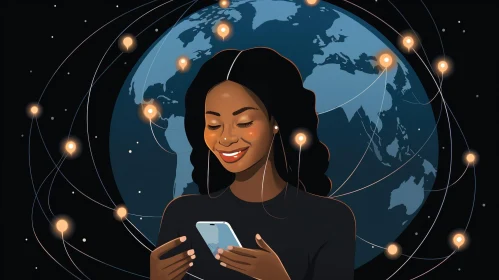 Smiling Woman with Smartphone and Earth Globe