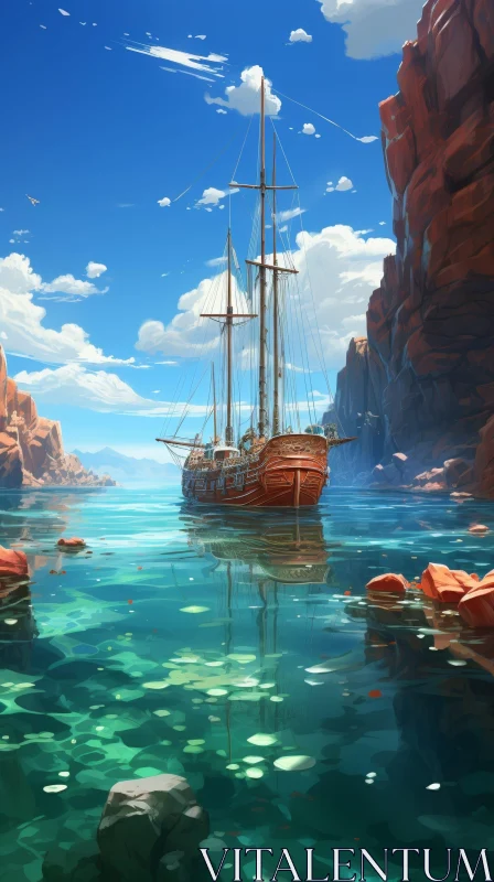 Tall Ship Sailing Through Narrow Fjord - Digital Painting AI Image
