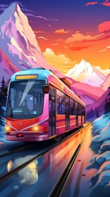Tram in Snowy Mountain Landscape - Cartoon Digital Painting