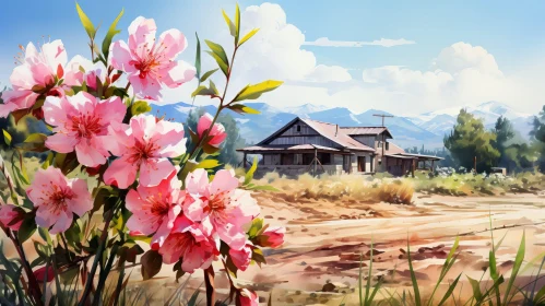 Tranquil Rural Landscape with Flowers and Wooden House