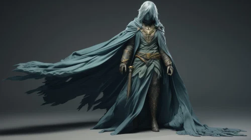 Blue Cloak Male Character in Dark Room - 3D Rendering