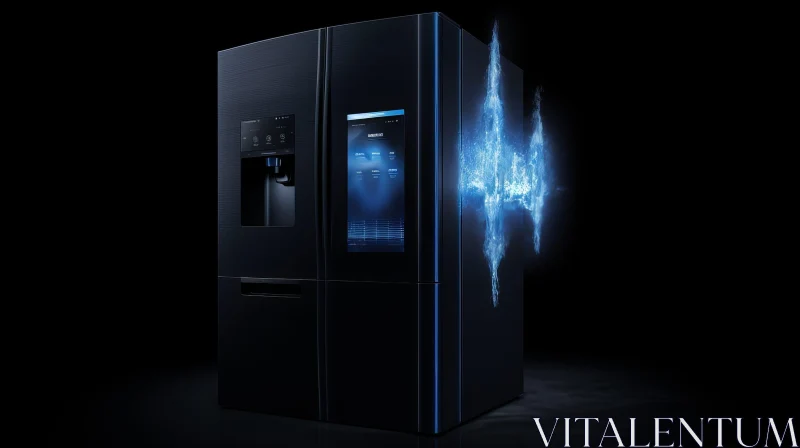 Blue Glowing Refrigerator in Dark Room AI Image