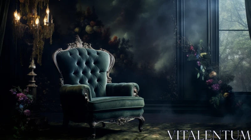 AI ART Dark and Moody Room with Green Armchair