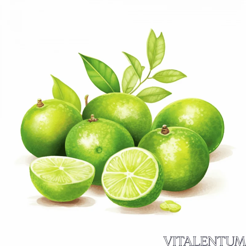 Green Limes with Leaves on White Background - Vibrant Illustrations AI Image