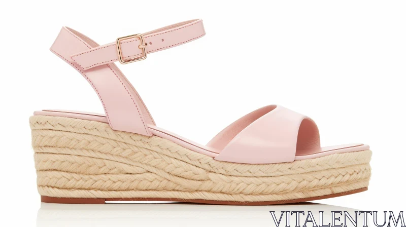 Light Pink Leather Sandals with Woven Jute Rope Wedge Heel AI Image