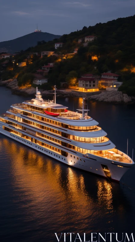 Luxurious Yacht Anchored at Night in Bay AI Image