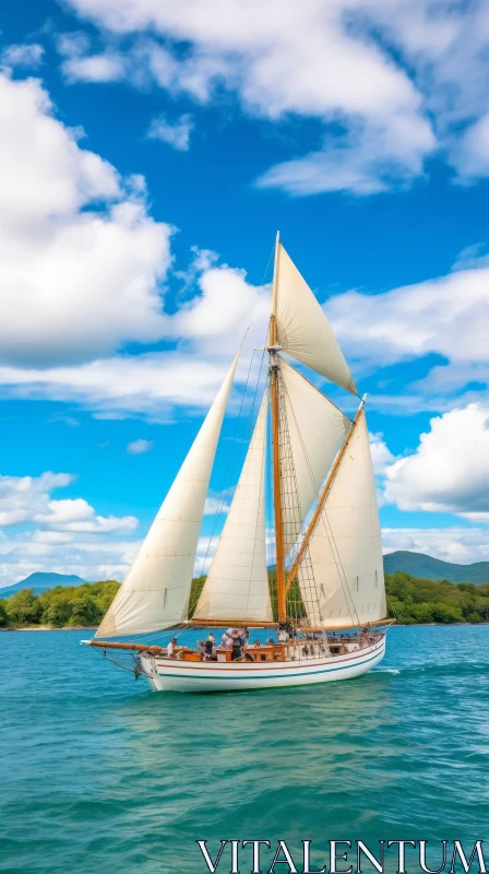 AI ART Serene Sailing Ship Scene | Blue Waters & Green Island