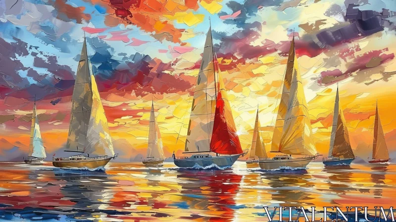 Serene Seascape Painting with Sailboats AI Image