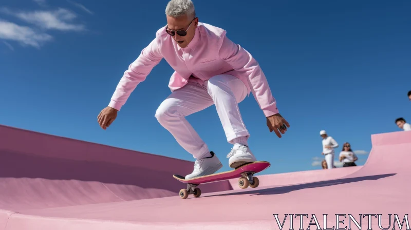 Stylish Man Skateboarding on Pink Ramp AI Image