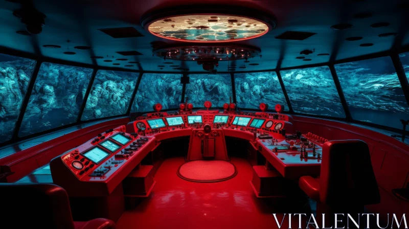 AI ART Submarine Control Room with Red Lights and Ocean View