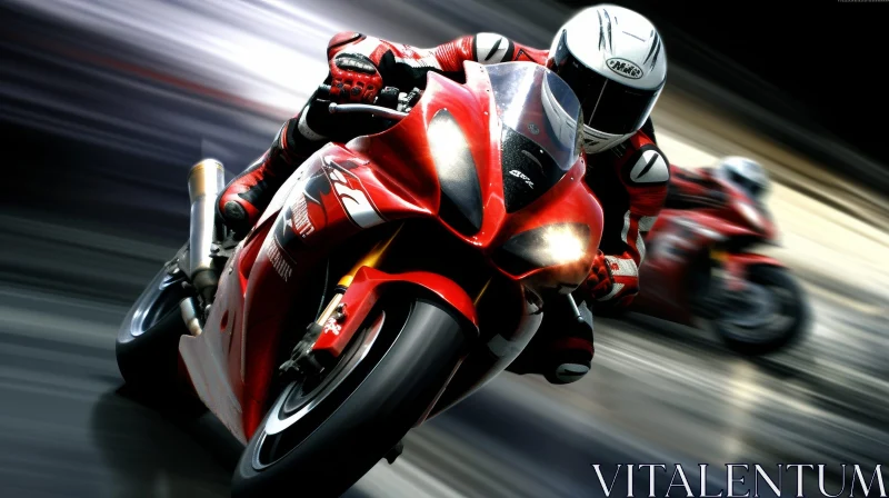 Thrilling Motorcycle Rider in Red and White Racing Gear AI Image