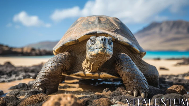 AI ART Close-Up Galapagos Tortoise on Beach