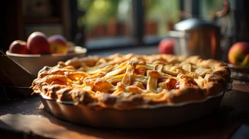 Delicious Homemade Peach Pie on Wooden Table