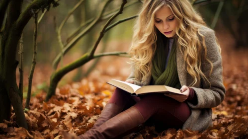 Enchanting Forest Scene with Woman Reading Book