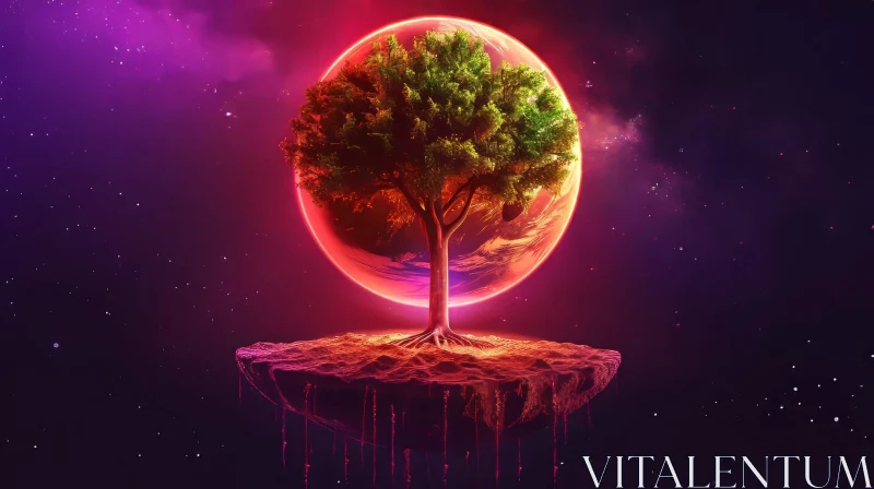 Enigmatic Tree in Surreal Moonlit Landscape AI Image