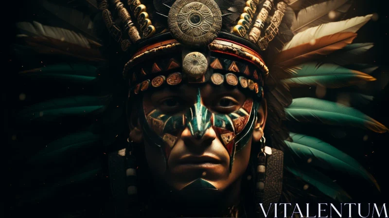 Intriguing Portrait: Male with Elaborate Headdress and Geometric Face Paint AI Image