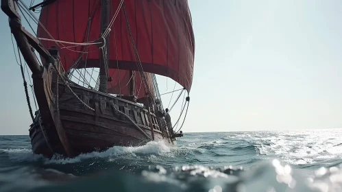 Majestic Wooden Sailing Ship with Red Sails in Open Ocean