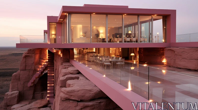 AI ART Modern House with Pink Facade on Cliff