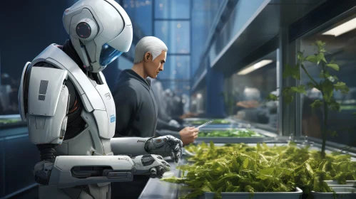 Modern Kitchen Scene with Man and Robot