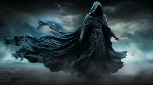 Mysterious Dark Fantasy Art of Cloaked Figure in Stormy Landscape AI Image