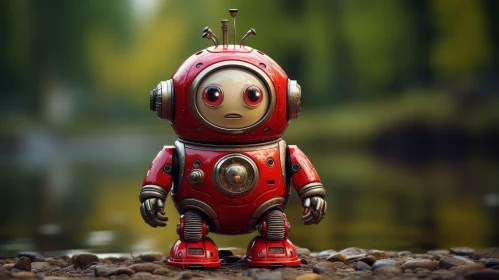 Red Robot in Forest - Stock Photo