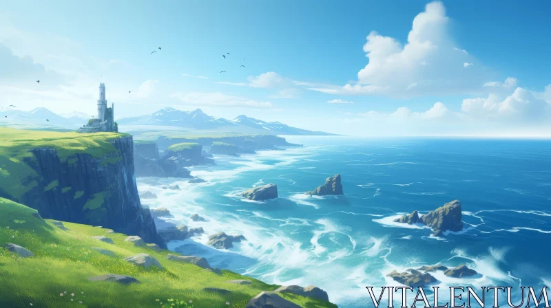 Serene Coastal Landscape with Tower on Cliff AI Image
