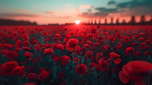 Tranquil Field of Red Poppies at Sunset