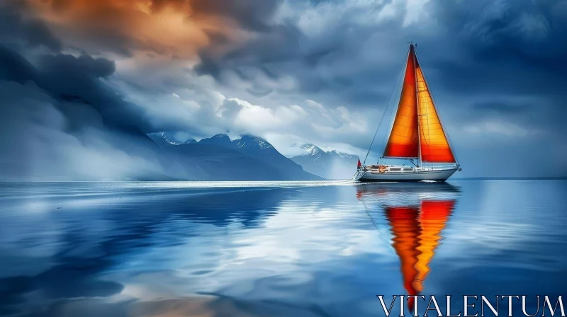 Tranquil Sailboat Painting on Lake with Snowy Mountain Background AI Image