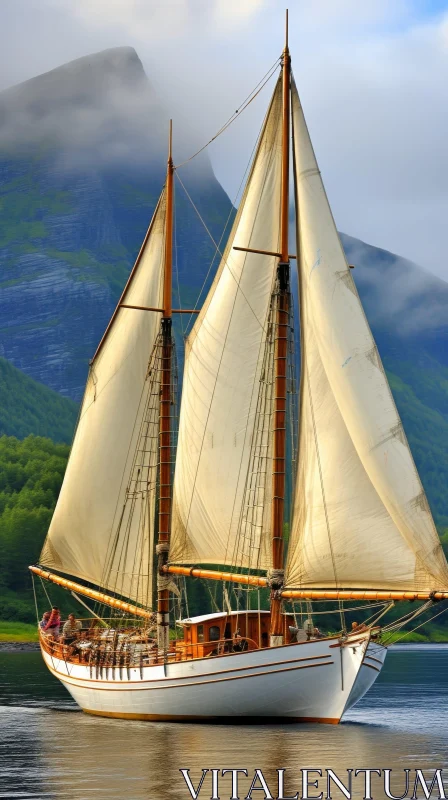 Tranquil Sailing Ship on Calm Sea with Mountainous Coast AI Image