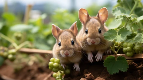 Adorable Field Mice in Green Vineyard