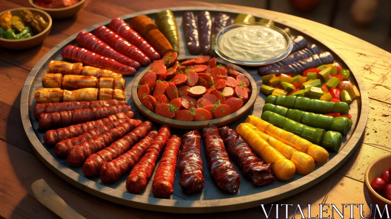 AI ART Delicious Still Life: Sausages and Vegetables on Wooden Plate