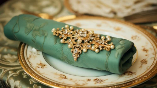 Elegant Rose Napkin on Gold Plate