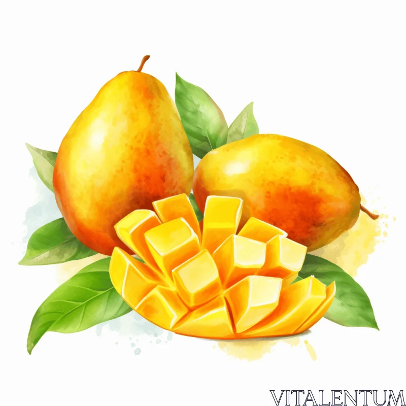 AI ART Exquisite Mango and Leaves Artwork on White Background