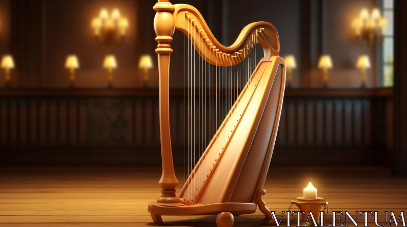 AI ART Exquisite Wooden Harp with Golden Frame