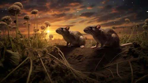 Field Mice at Sunset in Meadow