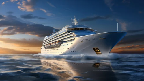 Luxurious Cruise Ship Sailing on the Water with Waves and Reflection