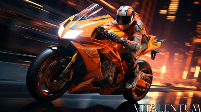 Man Riding Sport Motorcycle in City at Night AI Image