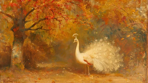 White Peacock in Autumn Forest Painting