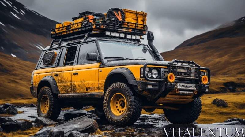 Yellow Land Rover on Rugged Rocky Trail | Adventure-Themed Image AI Image