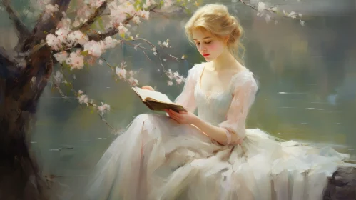 Young Woman Reading in Forest Painting