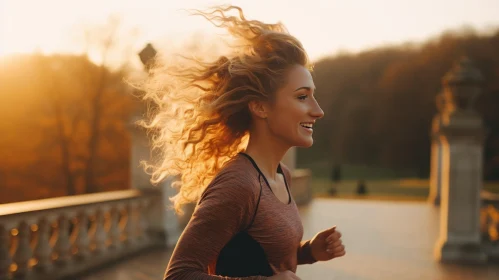 Young Woman Running at Sunset in Park