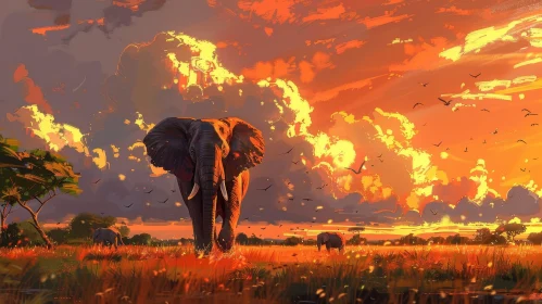 African Elephant Painting in Grassy Field at Sunset