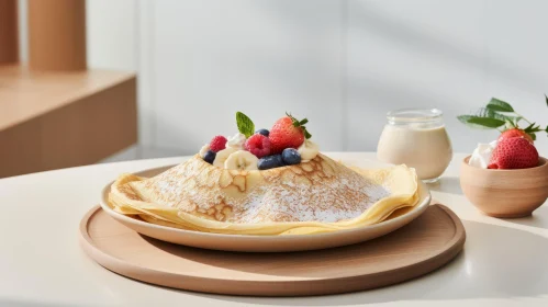Delicious Pancake with Berries and Cream on Wooden Table