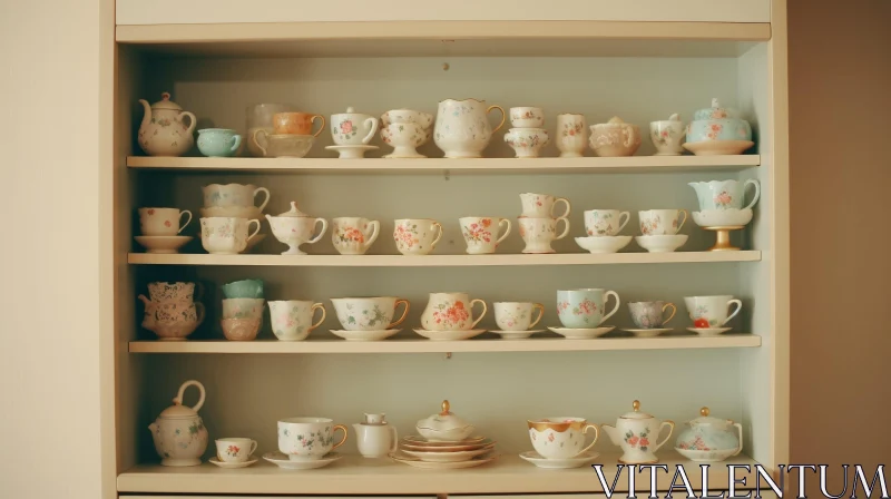 Elegant Porcelain Tea Sets Display in White Cupboard AI Image