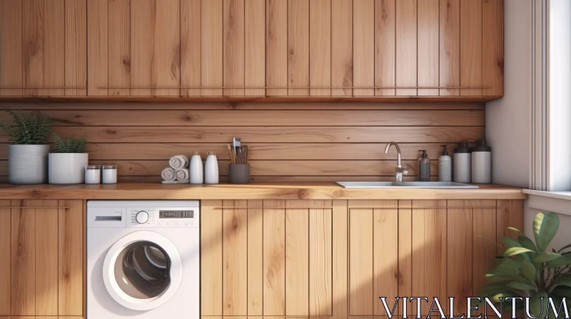 Modern Laundry Room with Washing Machine and Wooden Cabinets AI Image