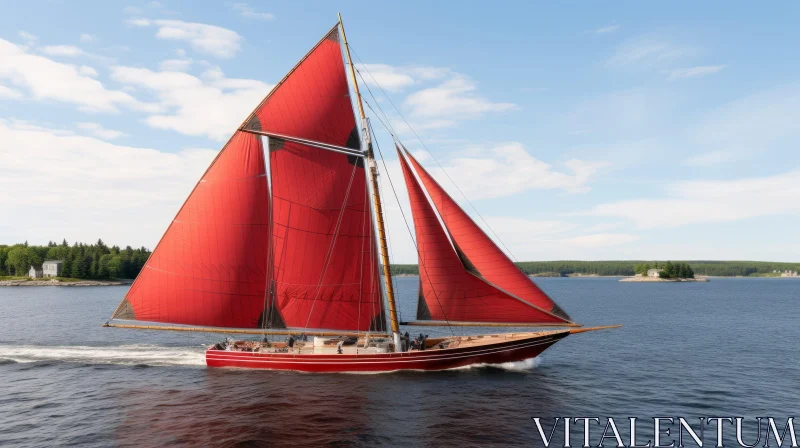Red Sailboat Slicing Through Blue Waters AI Image
