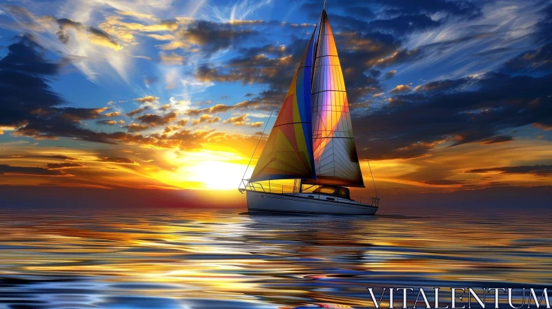 AI ART Sailboat Seascape at Sunset - Tranquil Ocean View