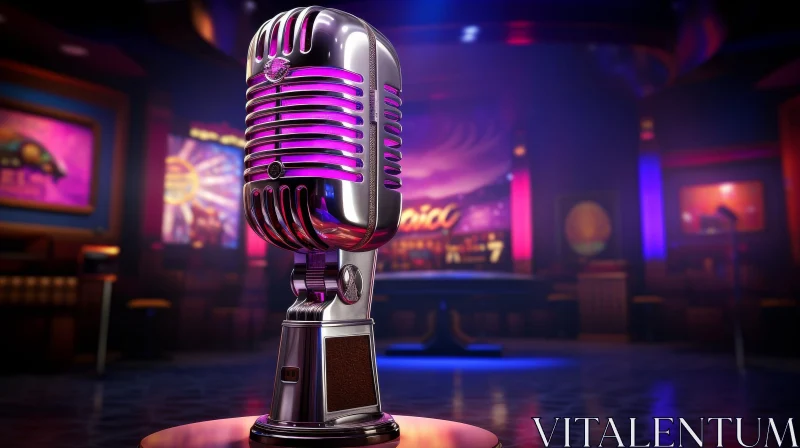 Silver Retro Microphone with Purple Neon Light in Dark Nightclub AI Image