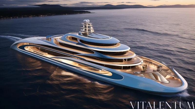 Sleek Futuristic Yacht Design in Marina with Mountain View AI Image