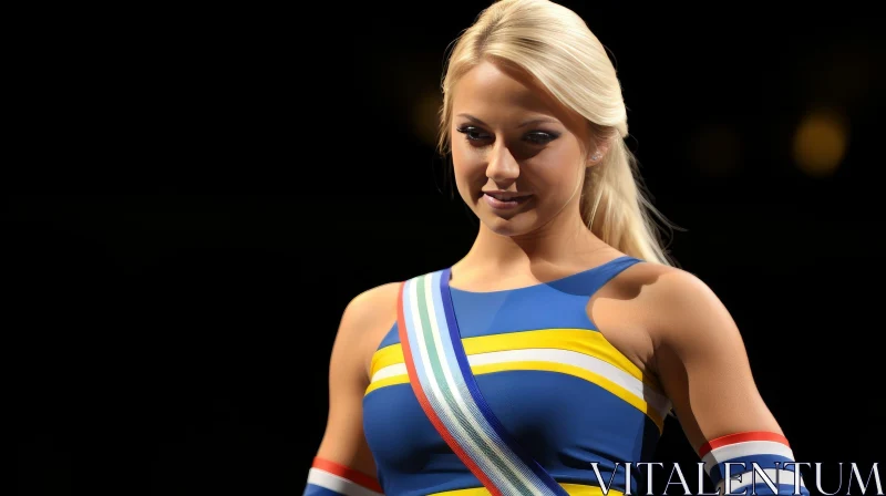Smiling Blonde Woman in Sports Bra with Swedish Flag Sash AI Image
